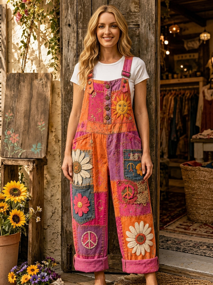 Women's Retro Style Art Print Washed Cotton Denim Patchwork Jumpsuit