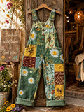 Women's Retro Style Art Print Washed Cotton Denim Patchwork Jumpsuit