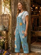 Women's Retro Style Art Print Washed Cotton Denim Patchwork Jumpsuit