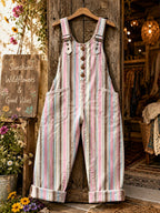 Women's Retro Style Art Print Washed Cotton Denim Patchwork Jumpsuit