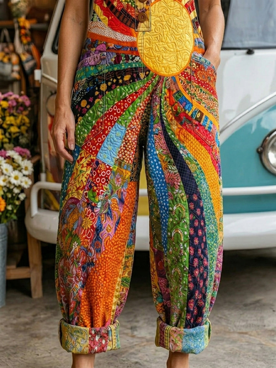 Women's Retro Style Art Print Washed Cotton Denim Patchwork Jumpsuit
