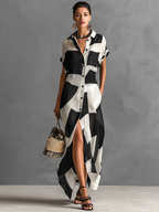 Cotton-Linen Geometric Print Short-Sleeve Maxi Shirt Dress