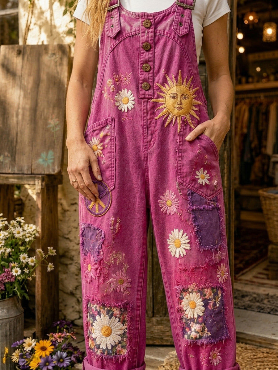 Women's Retro Style Art Print Washed Cotton Denim Patchwork Jumpsuit