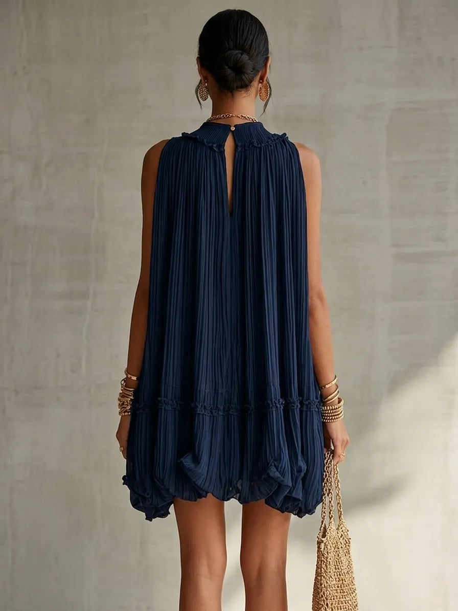 Navy Halter Neck Ruffled Chiffon Bubble Mini Dress