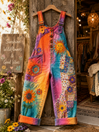 Women's Retro Art Print Denim Patchwork Jumpsuit