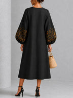 Black Gold Floral Print Button-Front Lantern-Sleeve Midi Dress