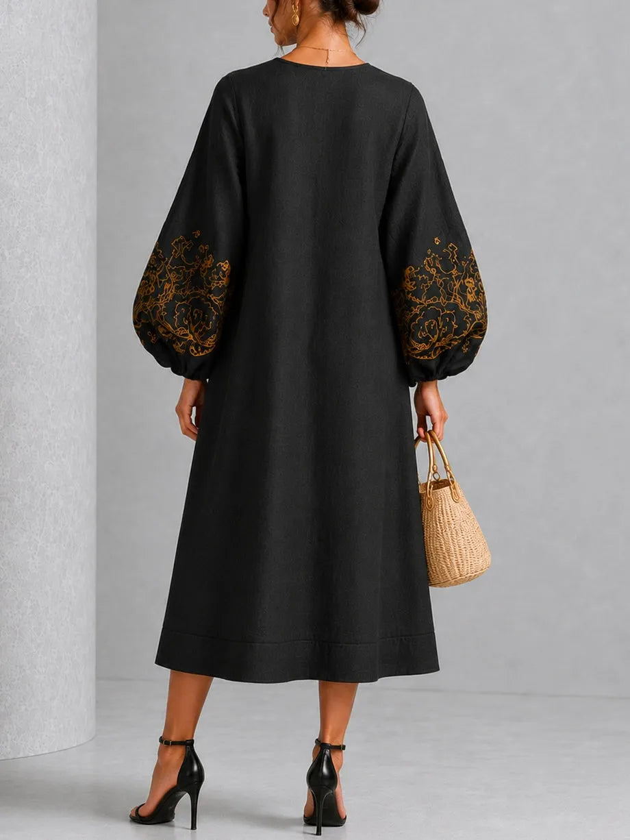 Black Gold Floral Print Button-Front Lantern-Sleeve Midi Dress