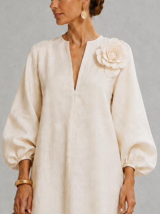 White V-neck Lantern-sleeve Mini Dress Featuring Striking Floral