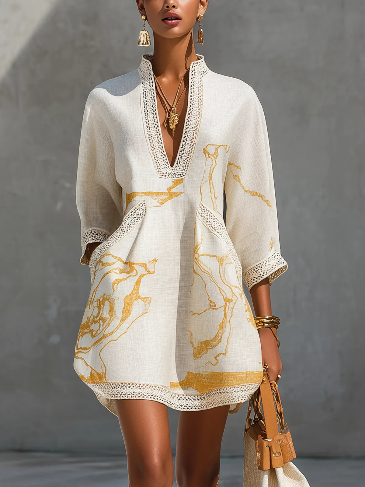 Black Gold Printed V-neck Crochet Lace Mini Dress
