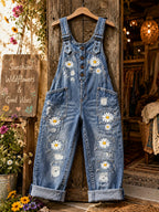 Women's Retro Style Art Print Washed Cotton Denim Patchwork Jumpsuit