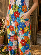 Women's Retro Style Art Print Washed Cotton Denim Patchwork Jumpsuit