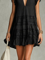 Black Striped Chiffon Lace-trimmed Ruffled Mini Dress