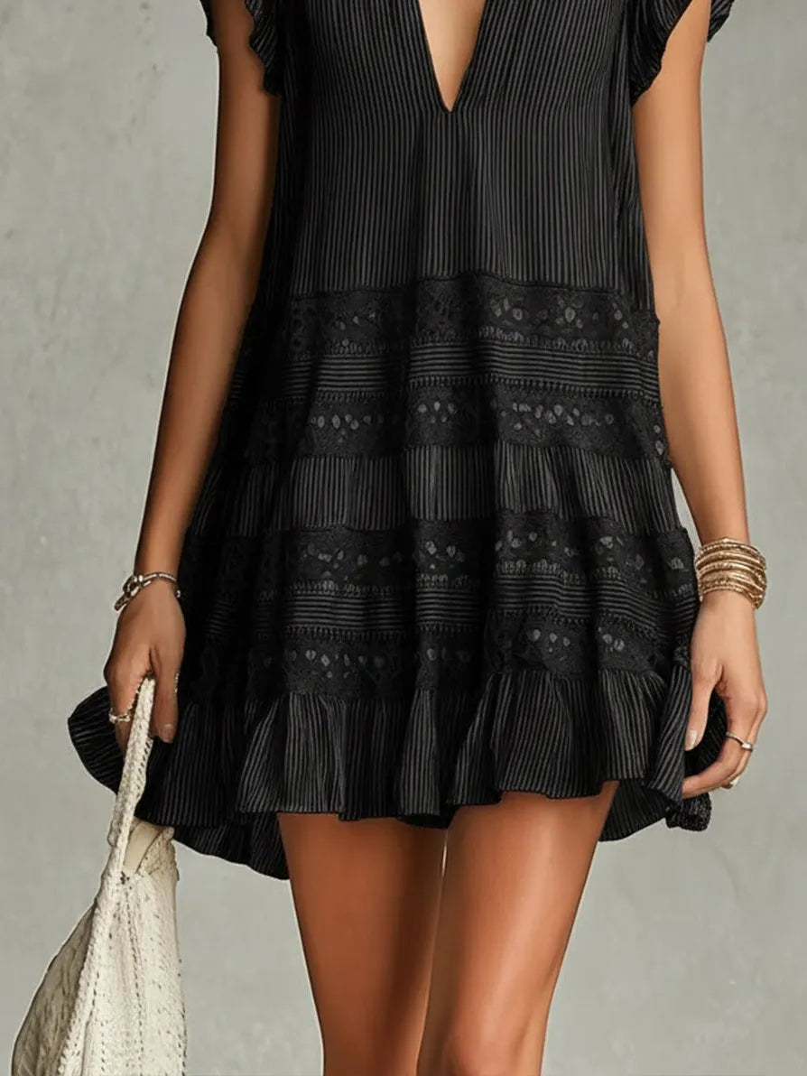 Black Striped Chiffon Lace-trimmed Ruffled Mini Dress