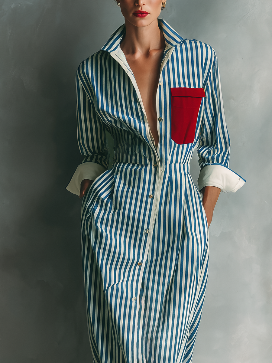 Blue And White Cotton Blend Striped Shirt Dress With Red Chest Pocket