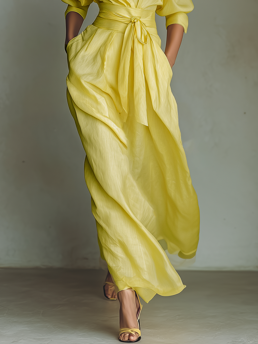 Lemon Yellow Cotton And Linen Blend Maxi Shirt Dress