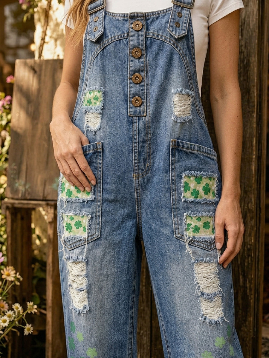 Women's Retro Style Art Print Washed Cotton Denim Patchwork Jumpsuit