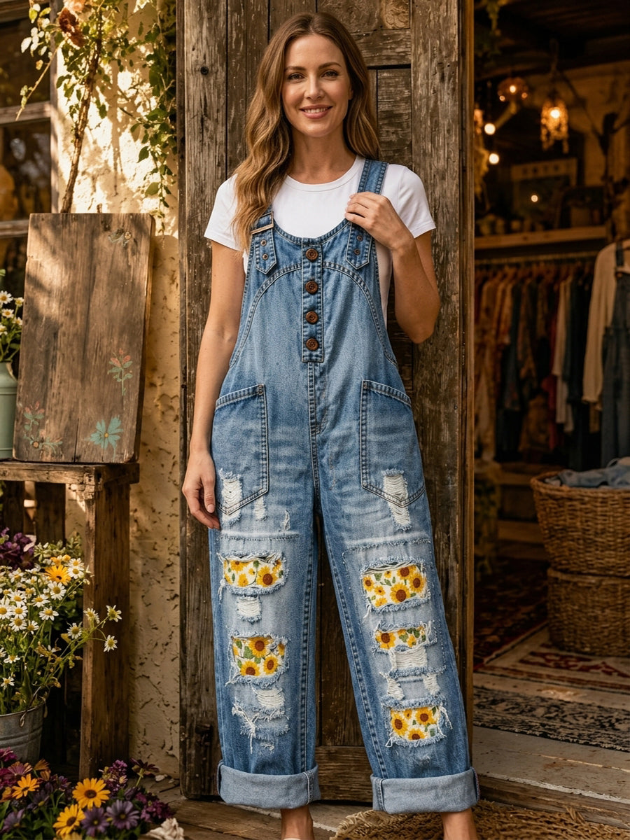 Women's Retro Style Art Print Washed Cotton Denim Patchwork Jumpsuit