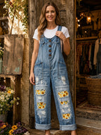 Women's Retro Style Art Print Washed Cotton Denim Patchwork Jumpsuit