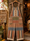 Women's Retro Art Print Denim Patchwork Jumpsuit