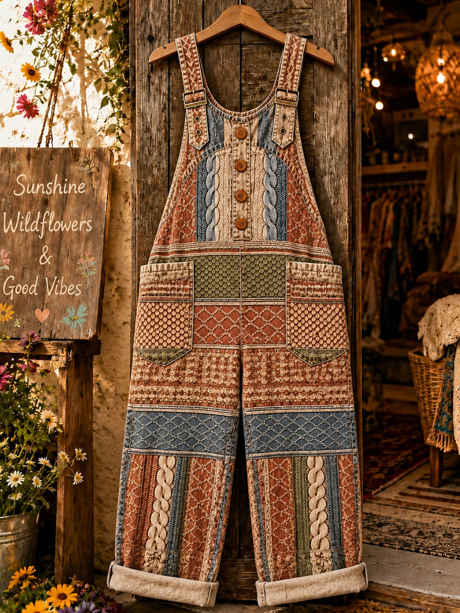 Women's Retro Art Print Denim Patchwork Jumpsuit