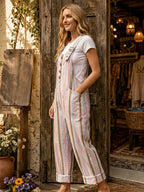 Women's Retro Style Art Print Washed Cotton Denim Patchwork Jumpsuit