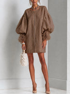 Brown Zip-Front Balloon Sleeve Mini Dress With Pleated Ruffle Cuffs