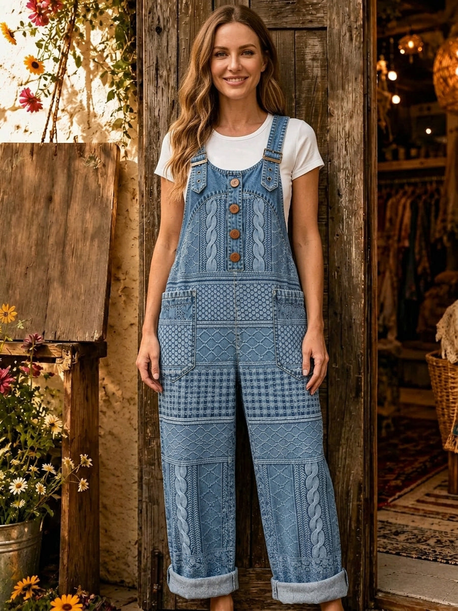 Women's Retro Art Print Denim Patchwork Jumpsuit