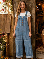 Women's Retro Art Print Denim Patchwork Jumpsuit