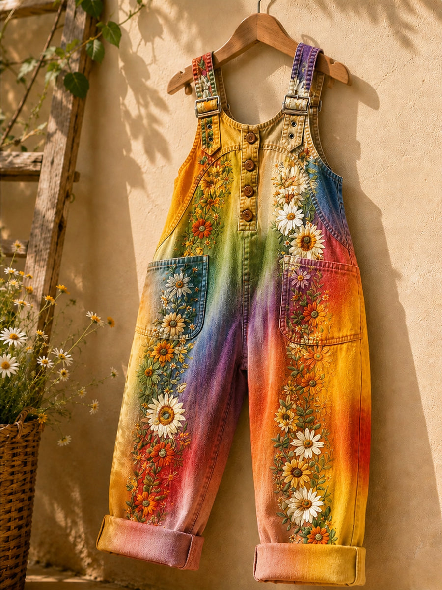Women's Retro Floral Art Print Cute Jumpsuit