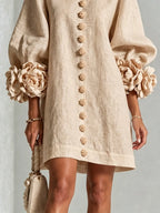 Beige Floral Button-down Mini Dress With Striking Floral Cuffs