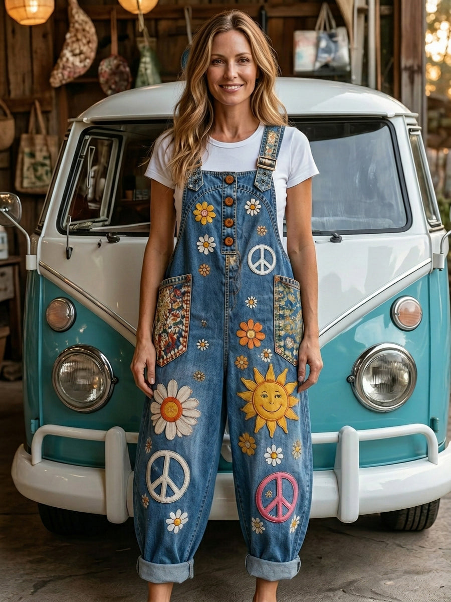 Women's Retro Style Art Print Washed Cotton Denim Patchwork Jumpsuit