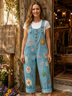 Women's Retro Style Art Print Washed Cotton Denim Patchwork Jumpsuit