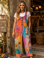 Women's Retro Art Print Denim Patchwork Jumpsuit