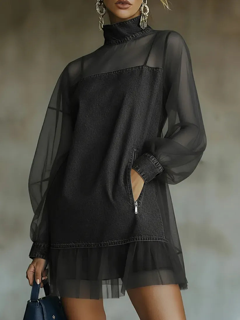 Denim Stand Collar Loose Long Sleeve Mini Dress