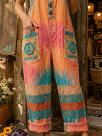 Women's Retro Style Art Print Washed Cotton Denim Patchwork Jumpsuit