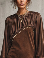 Brown Satin Splice Faux Suede Gold Studded Mini Dress