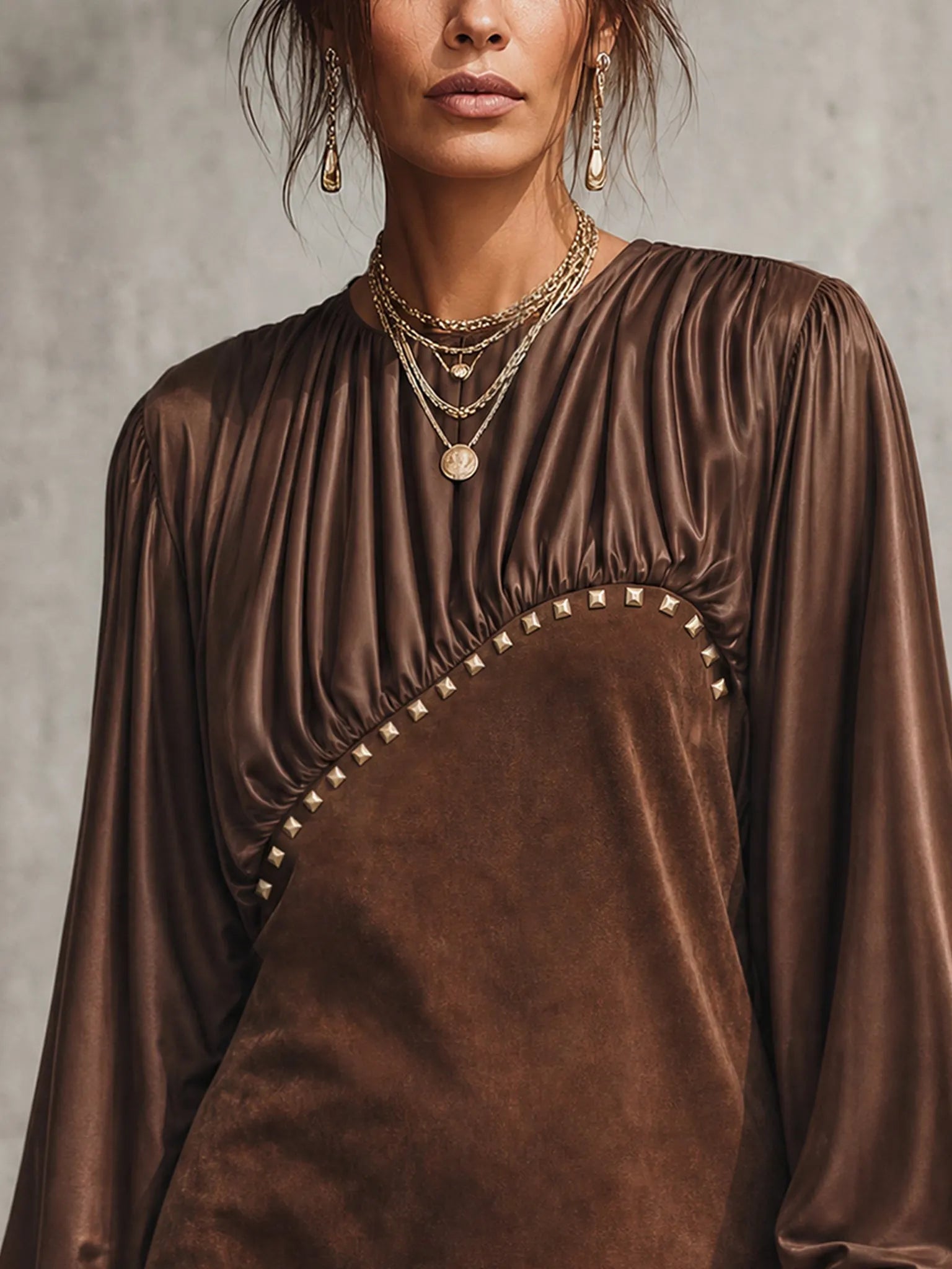 Brown Satin Splice Faux Suede Gold Studded Mini Dress