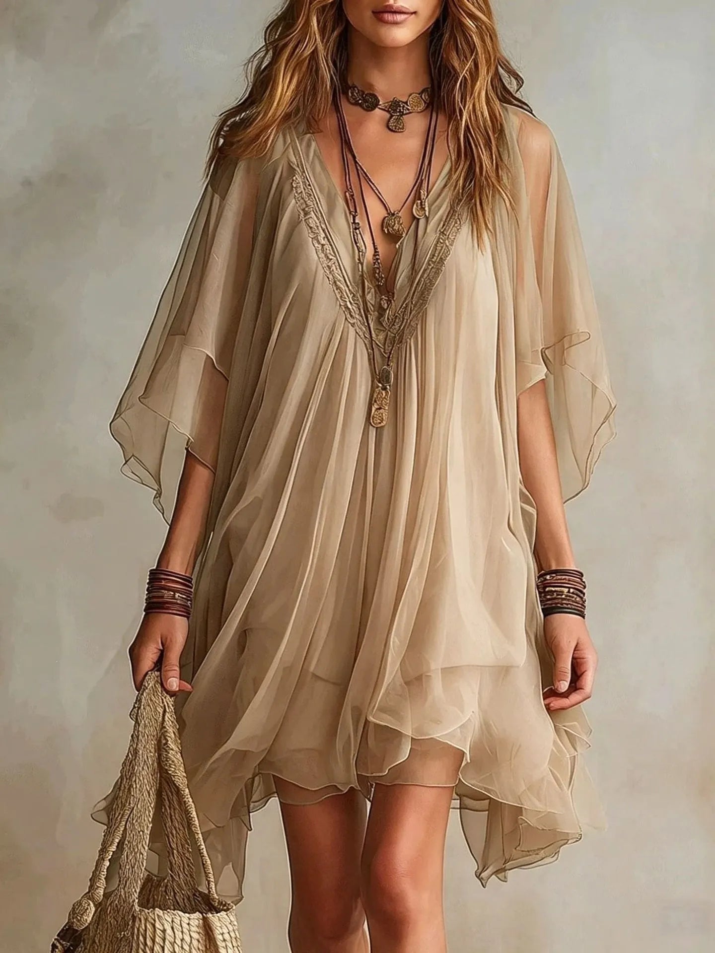 Green Chiffon V-neck Layered Flowy Mini Dress