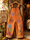 Women's Retro Style Art Print Washed Cotton Denim Patchwork Jumpsuit