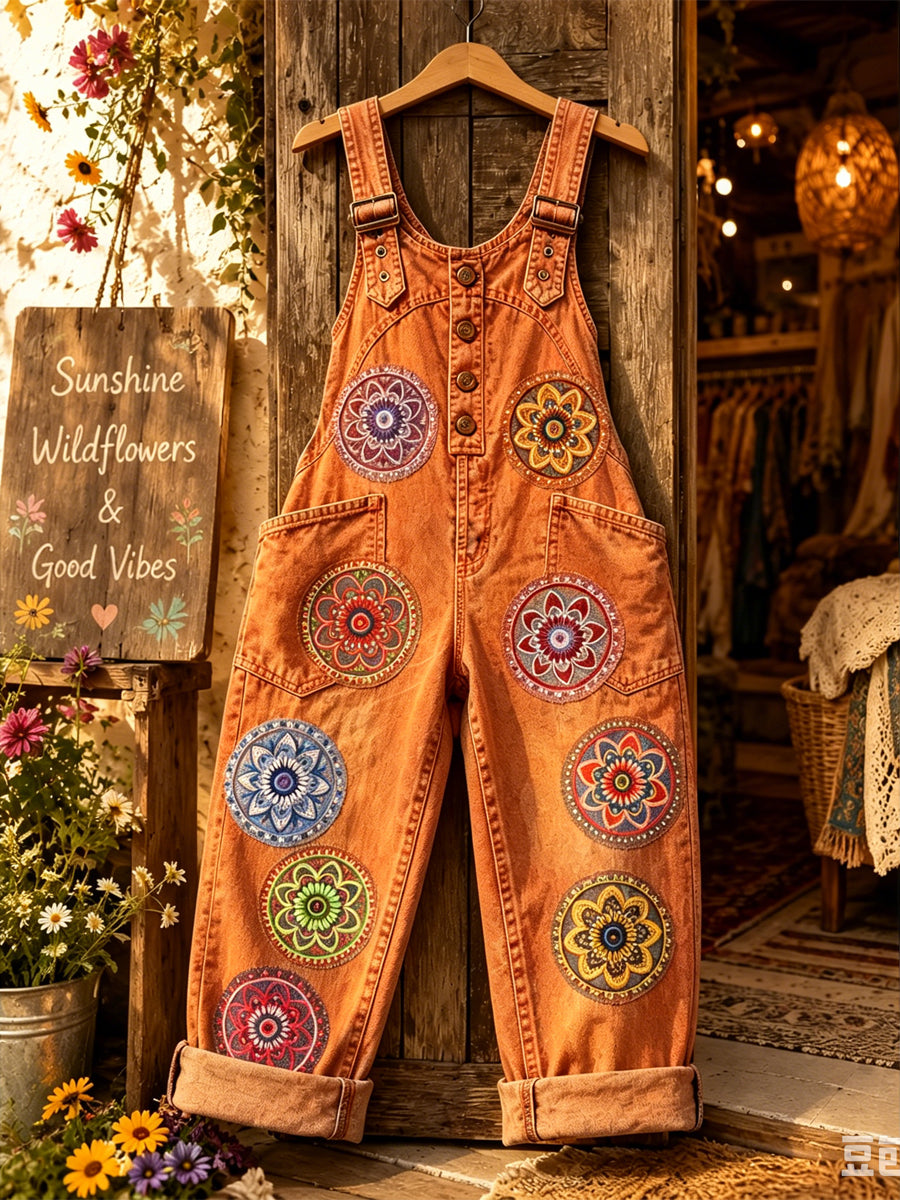 Women's Retro Style Art Print Washed Cotton Denim Patchwork Jumpsuit