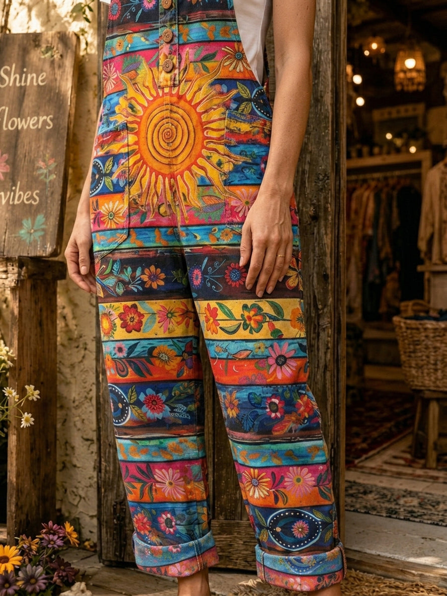 Women's Retro Style Art Print Washed Cotton Denim Patchwork Jumpsuit