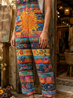 Women's Retro Style Art Print Washed Cotton Denim Patchwork Jumpsuit