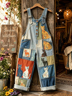 Women's Retro Style Art Print Washed Cotton Denim Patchwork Jumpsuit