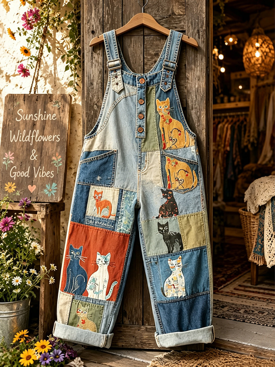 Women's Retro Style Art Print Washed Cotton Denim Patchwork Jumpsuit
