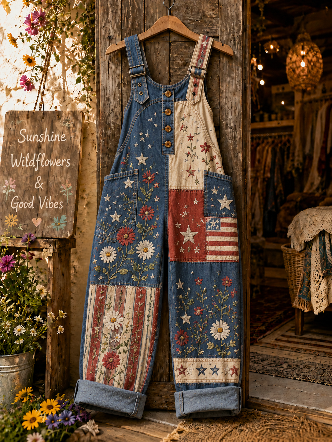 Women's Retro Style Art Print Denim Patchwork Jumpsuit