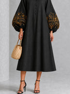 Black Gold Floral Print Button-Front Lantern-Sleeve Midi Dress