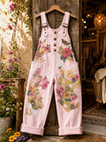 Women's Retro Style Art Print Washed Cotton Denim Patchwork Jumpsuit