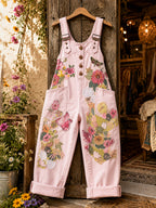 Women's Retro Style Art Print Washed Cotton Denim Patchwork Jumpsuit