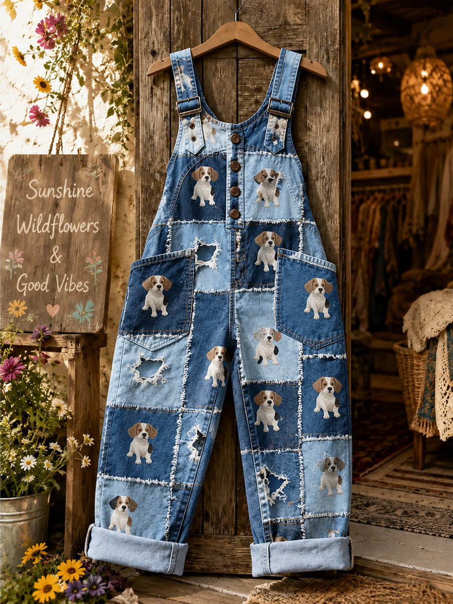 Women's Retro Style Art Print Washed Cotton Denim Patchwork Jumpsuit