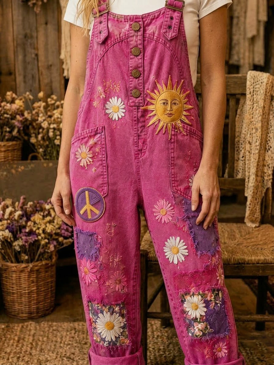 Women's Retro Style Art Print Washed Cotton Denim Patchwork Jumpsuit